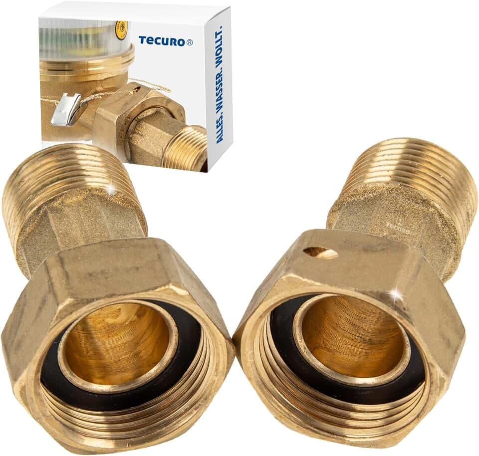 tecuro Wasserzählerverschraubung 3/4 Zoll IG x 1/2 Zoll AG, Set mit 2 Stück, inkl. Dichtungen, mit Plombierlöchern, Messing blank - 49600