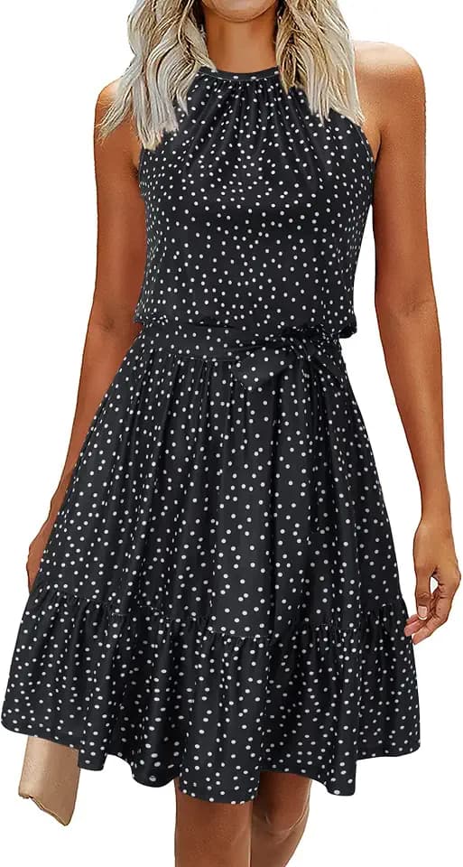 Newshows Sommerkleider Damen Knielang Elegant Kleid Blumenmuster Neckholder Rüschen Freizeitkleider mit Taschen