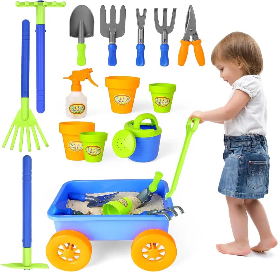deAO Gartenspielset mit Schubkarre Kinder, 15Pcs Gartenwerkzeug ab 3 Jahren
