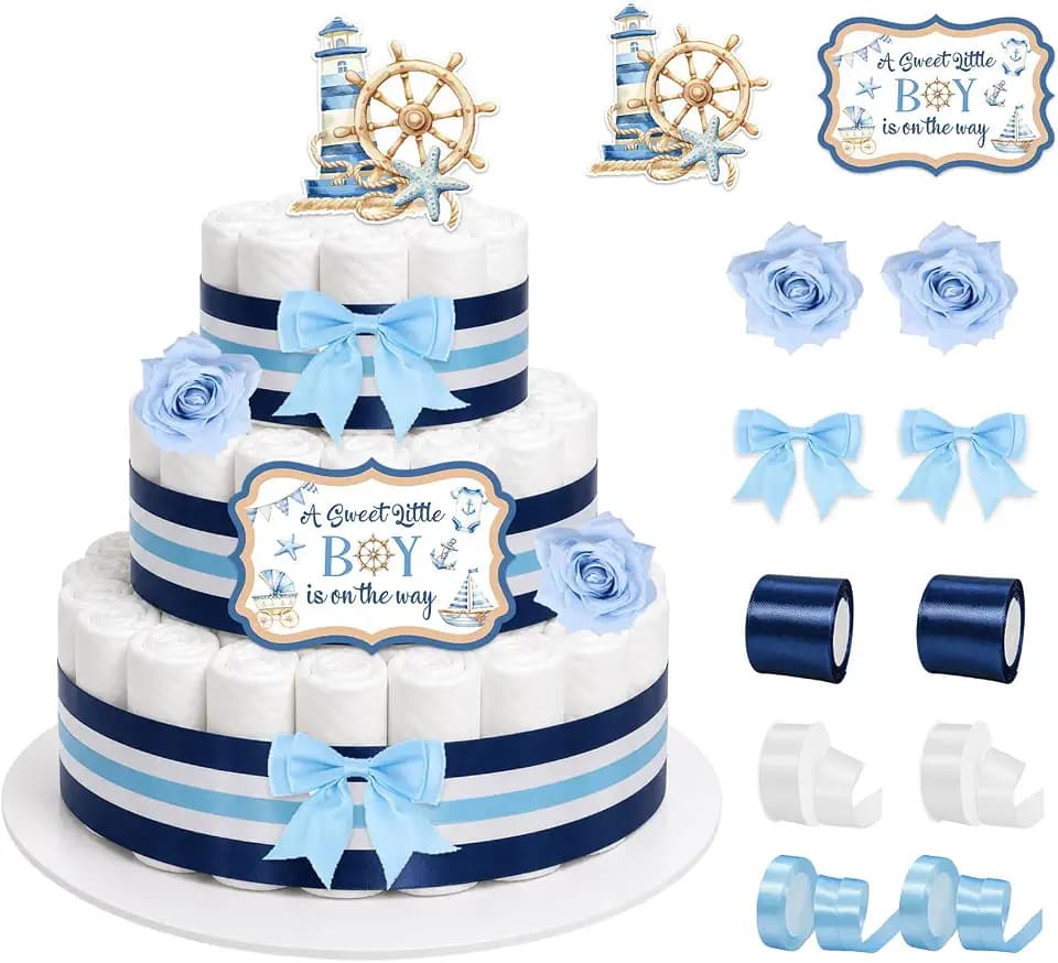 Ahoy Its A Boy Baby Shower Decorations Diaper Cake Kit Nautical Diaper Cake Kit Include Ribbon, Bow Tie, Cake Cards, Artificial Flowers for Ahoy It’s A Boy Baby Shower Party Supplies