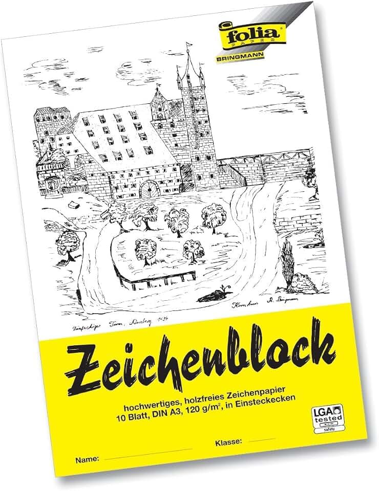folia 8103 - Zeichenblock mit Leinenecken 120 g/m², DIN A3, 10 Bogen, weiß, hochwertiges, holzfreies Zeichenpapier