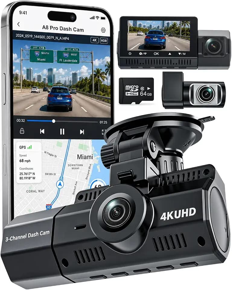 3 Channel Dash Cam, 4K+2.5K+2.5K, WiFi GPS, for Rideshare and Taxi