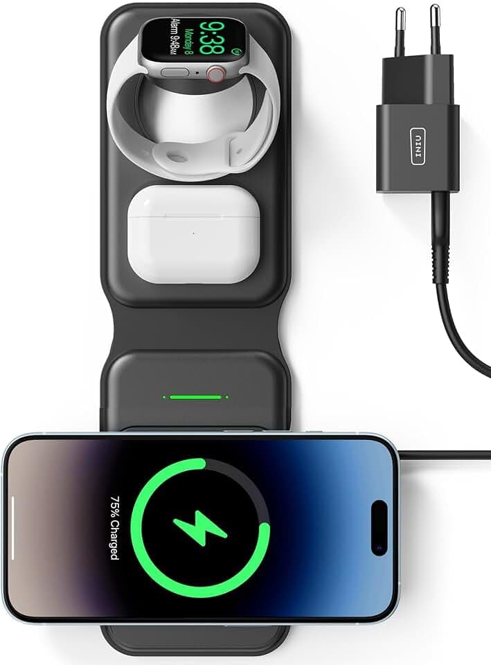 INIU 15W MagSafe Ladestation 3 in 1, Faltbares Wireless Charger Qi2-Zertifikat Reise ladegerät für iPhone 16/15/14/13/12, Apple Watch 9/8/7/6/SE, AirPods 4/3/Pro 2(mit 20W Adapter und USB-C-Kabel)