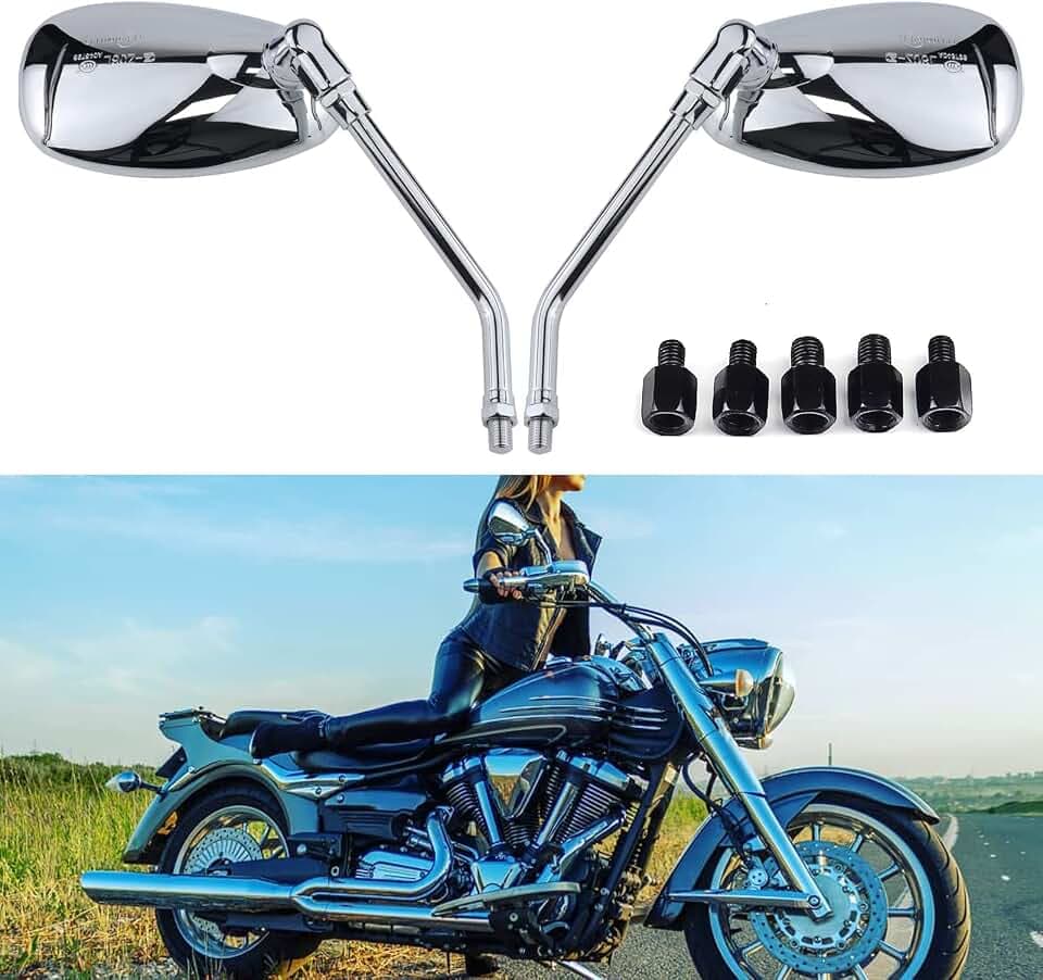 Chrom Motorrad Lenker Spiegel Rückspiegel, M10 M8 Rückspiegel moto mit Packung Schraube für Scooter Street Bike Cruiser Chopper Sport Bike ATV