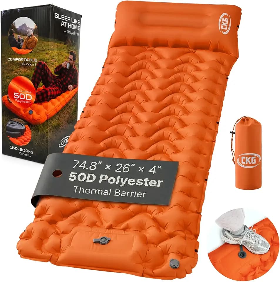 CKG Camping Sleeping Pad with Thermal Barrier, Ultralight Camping Mat 4in Thick with Pillow, Built-in Foot Pump Self Inflating Sleeping Pad for Hiking Tent Road Trip Car Camp Travel Gear, Orange