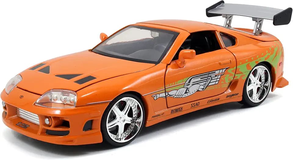 Jada Toys 253203005 Brian’s 1995 Toyota Supra aus Fast & Furious, Tuning-Modell im Maßstab 1:24, mit Spoiler, zu öffnenden Türen, Freilauf, Motorhaube und Kofferraum, orange