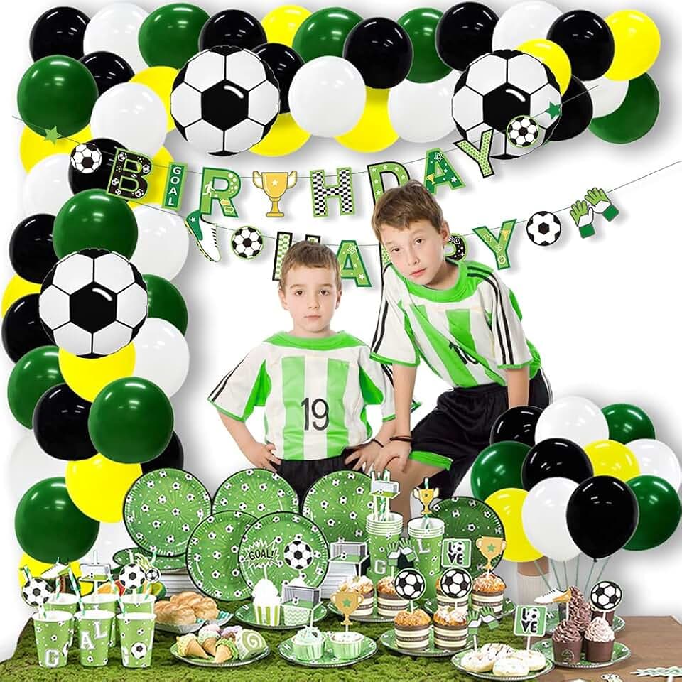 Easy Joy 180 Stück Fußball Thema Partydekorationen Geburtstagsparty Zubehör Set - Luftballon Girlande Kuchendeckel Latexballon Geburtstagsdeko Pappbecher für Kinder Jungen Fußballfans Party