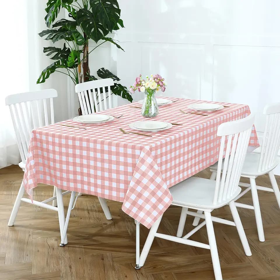 Romanstile Rectangle Vinyl Tablecloth, 100% Waterproof Checkered Plastic Table Cloth, Heavy Duty Buffalo Gingham Table Cover for Dining, Camping, Picnic, Outdoor - 54 x 108 Inch, Light Pink