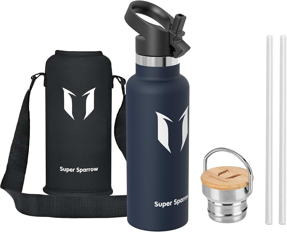 Sparrow Edelstahl Trinkflasche- 0.5L/0.75L/1L- Thermosflasche mit Strohhalm | Wasserflasche Auslaufsicher, Thermoskanne BPA-Frei & Kalt & Heiß - TwistTrail mit Trinkhalmdeckel, Ringdeckel &Sleeve