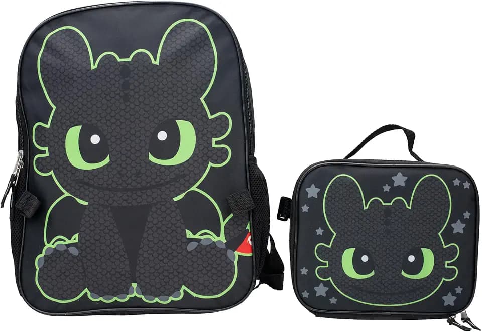 AI ACCESSORY INNOVATIONS How to Train Your Dragon Toothless Backpack and Lunch Box Set, 16 inch School Bag, Black