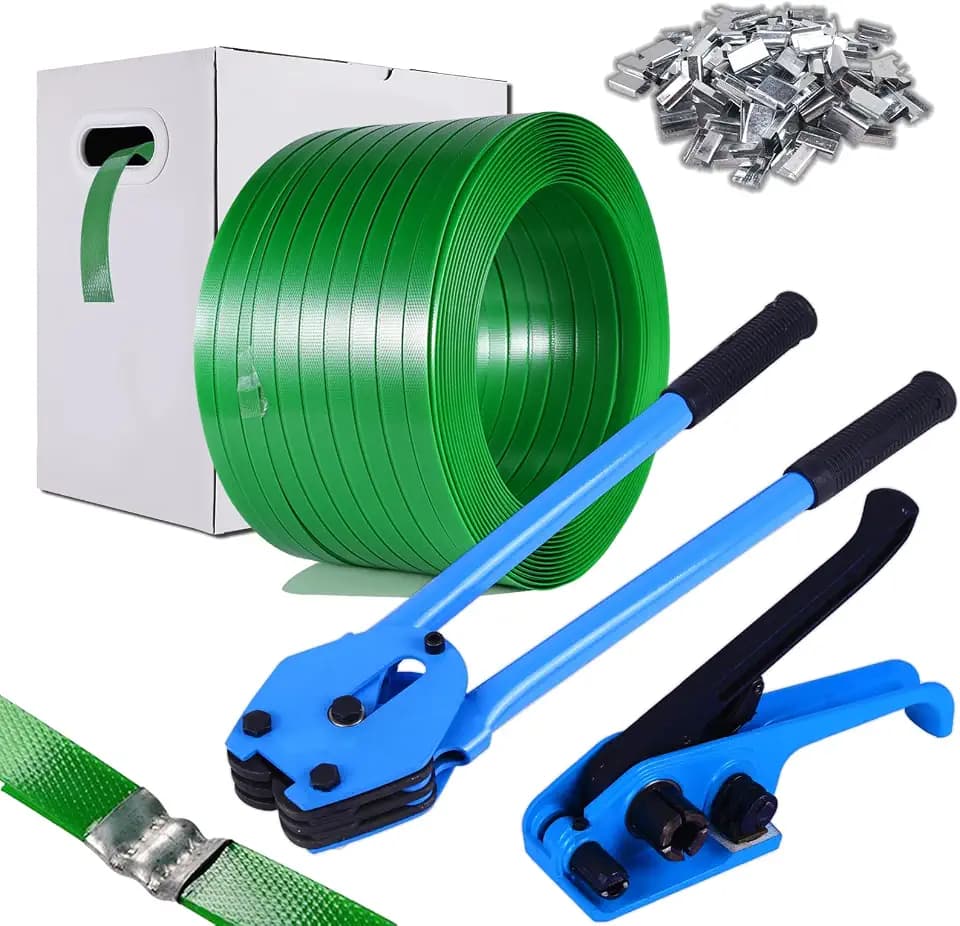Banding Strapping Kit, Pallet Strapping Kit, Packaging Banding Tool with 5/8" Width, 1000' Length Polyester Strapping Coil Roll and Dispenser Box – Heavy Duty Certified 1200 lbs Break