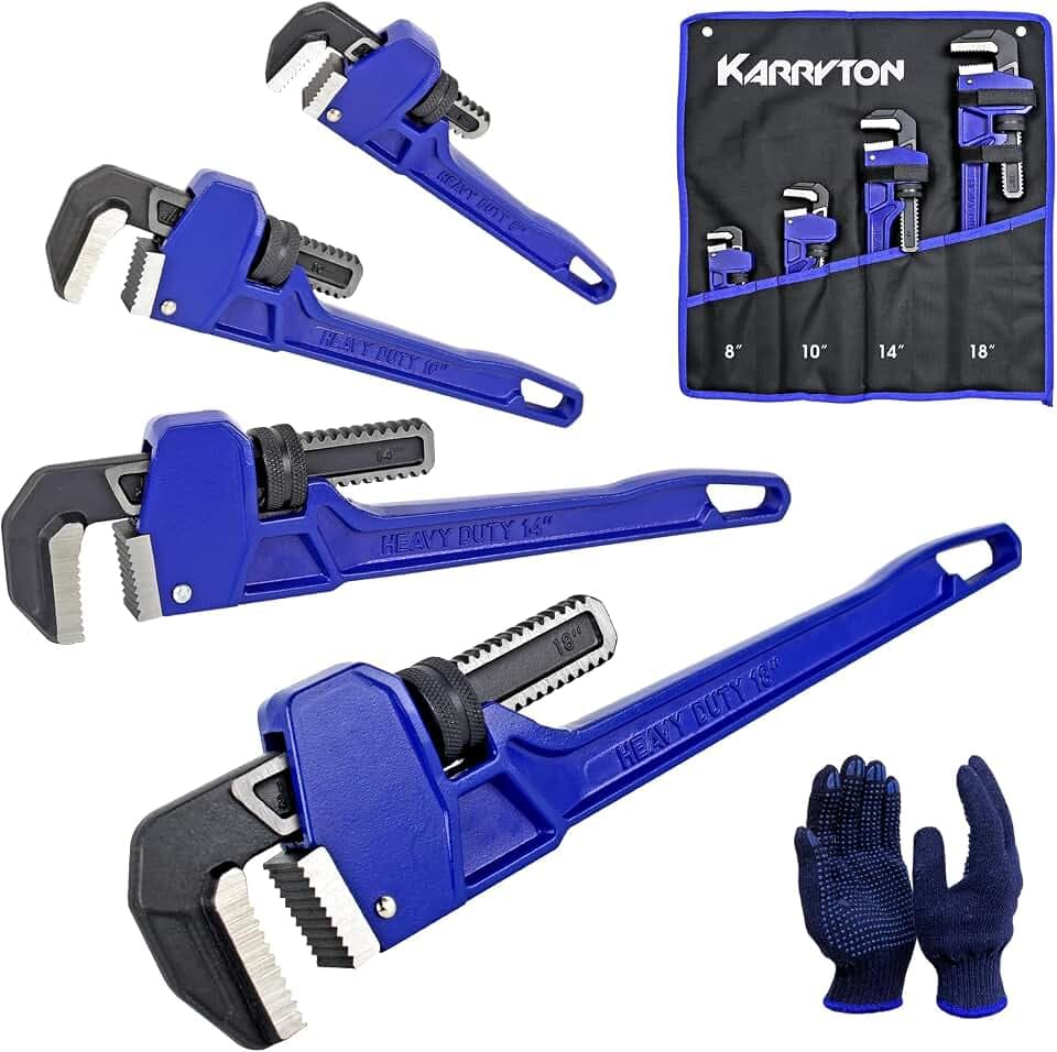 Pipe Wrench set,8" 10" 14" 18" Adjustable Jaw Opening Cast Iron Straight Handle Plumbing Wrench, Perfect Plumbers Tool for Oil Field, Plumbing, Auto Repair, Construction and Mechanics