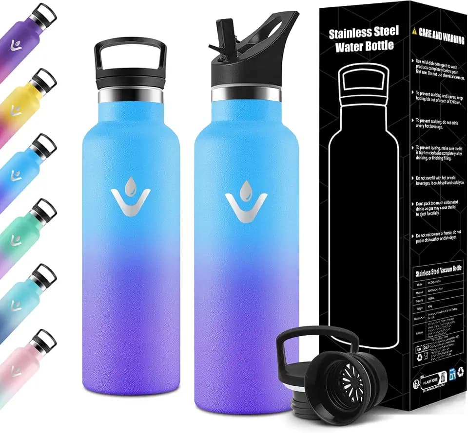 Motswedi Trinkflasche Kinder, 500 ml mit Strohhalm, Trinkflasche Edelstahl, mit 2 Deckeln, Thermosflasche, Auslaufsicher, Isolierflasche, für Travel, Sprudel, Outdoor, Himmelblau & Violett