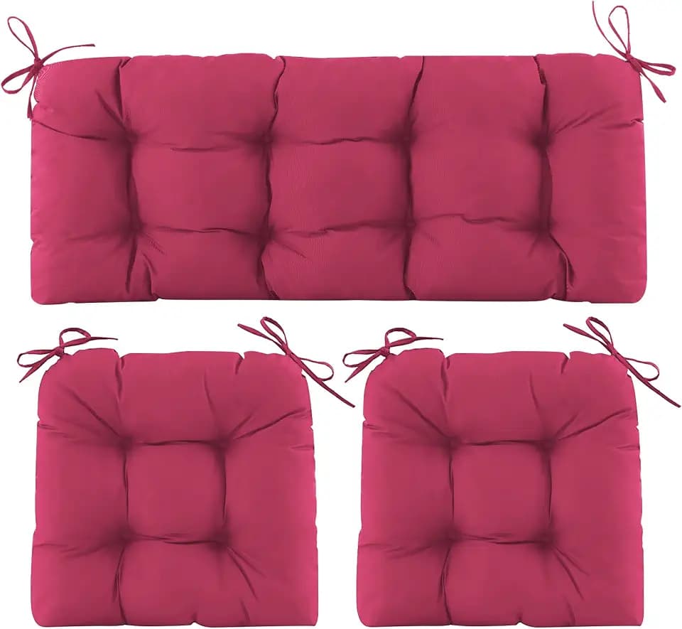 Wicker Chair Cushions of 3 Pieces, Waterproof Cushions for Patio Furniture, Tufted Wicker Outdoor Furniture Cushions, 1 Patio Loveseat Cushion and 2 U-Shaped Cushions, 44"x19"x5", Burgundy