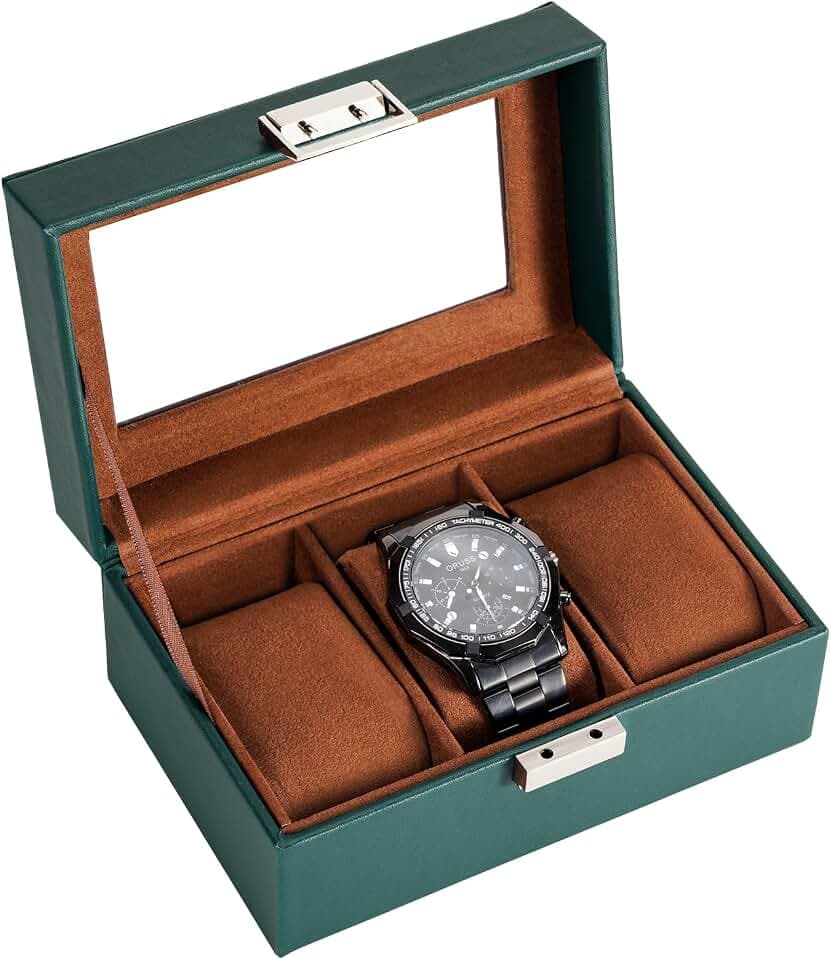 ProCase Uhrenbox mit 3 Fächern, Uhrenkasten mit Glasdeckel, Uhrenkoffer mit Uhrenkissen, Uhrenaufbewahrung, Premium-Uhrenschatulle, PU-Leder Uhrenkasten, Watch Box für Herren - 3 Fächer, Grün