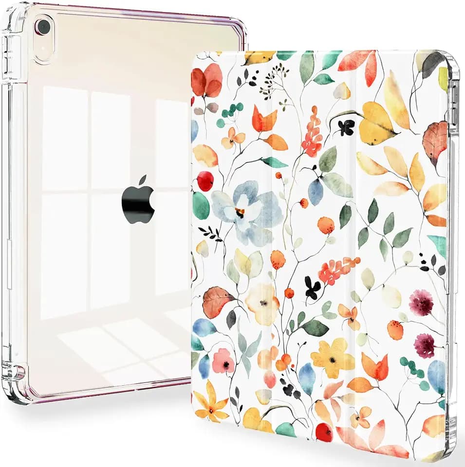 Feams Slim Case for iPad Air 11-inch M4/M3/M2 (2026/2025/2024), iPad Air 5th/4th Generation (2022/2020) 10.9 Inch Case Clear Back with Pencil Holder & Auto Sleep, Colorful Leaf