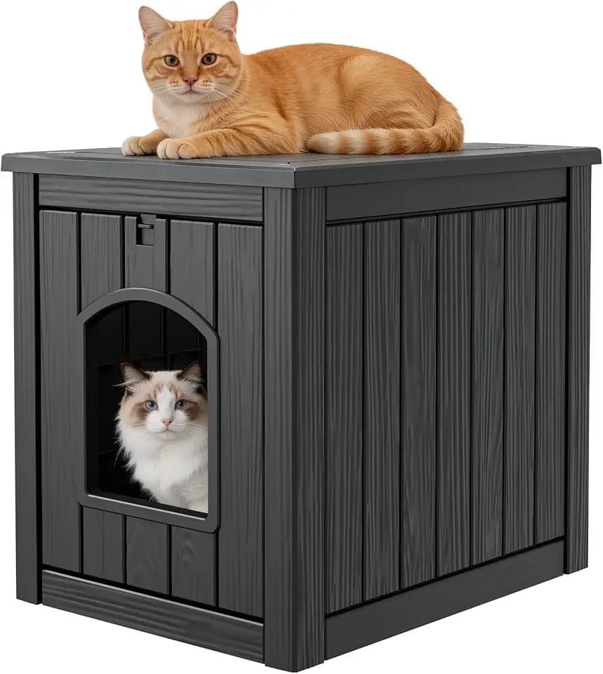 Outdoor Cat House Weatherproof, Resin Cat Houses for Outdoor Indoor Cats, Cat Box Enclosure, Cat Bed Easy to Assemble & Clean, Black