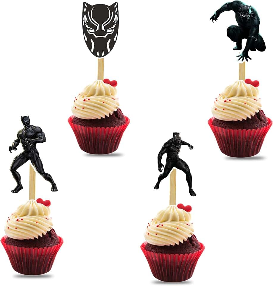 "Blck Panther Cupcake Topper – Hero-Themed Mini Decorations for Birthday Parties, Comic Events & Superhero Celebrations – Bold Black and Silver Warrior Mask Design for Cupcakes, Muffins"