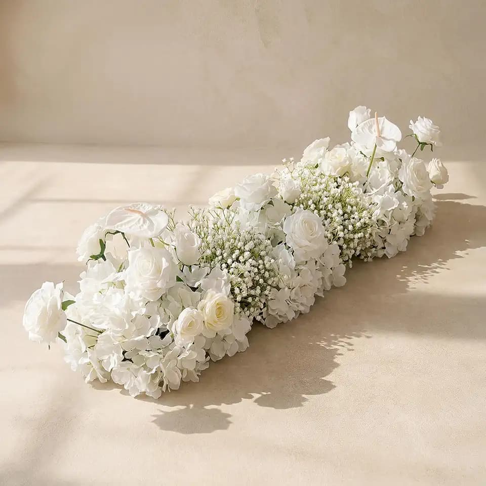 36inch Aisle Flower Garland with Chiffon Sheer Drape, White Rose, Butterfly Orchid & Baby's Breath Artificial Flowers, Floral Runner for Wedding Arch, Backdrop, Reception Table Decor, Ceremony Pathway