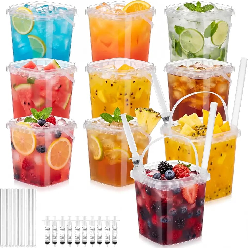 Willinglong 40 Set Drink Buckets with Lids and Straws, 34 oz Rum Buckets with Handle and Beverage Syringes for Events, Wedding, Graduation, BBQ, Party Drinks