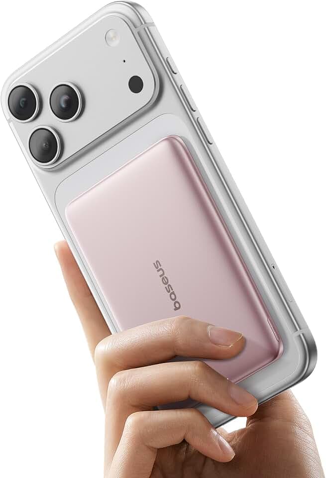 Baseus Picogo AM41 Power Bank, Ultra Slim 5000mAh Magsafe Powerbank, PD 20W Schnellladung, Portabel, Wireless Magnetische Externe Batterie mit USB C Kabel für iPhone 17/16/15/14/13/12, Rosa