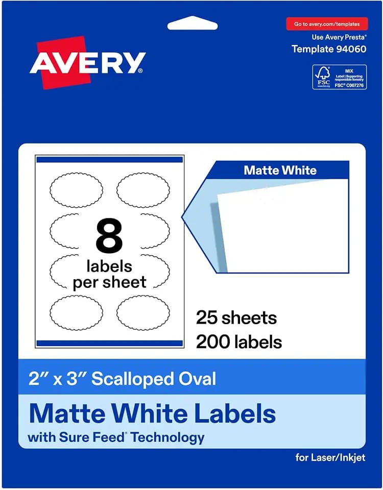 Avery Matte White Oval Scalloped Labels, Sure Feed Technology, 2" x 3", 200 Matte White Printable Labels