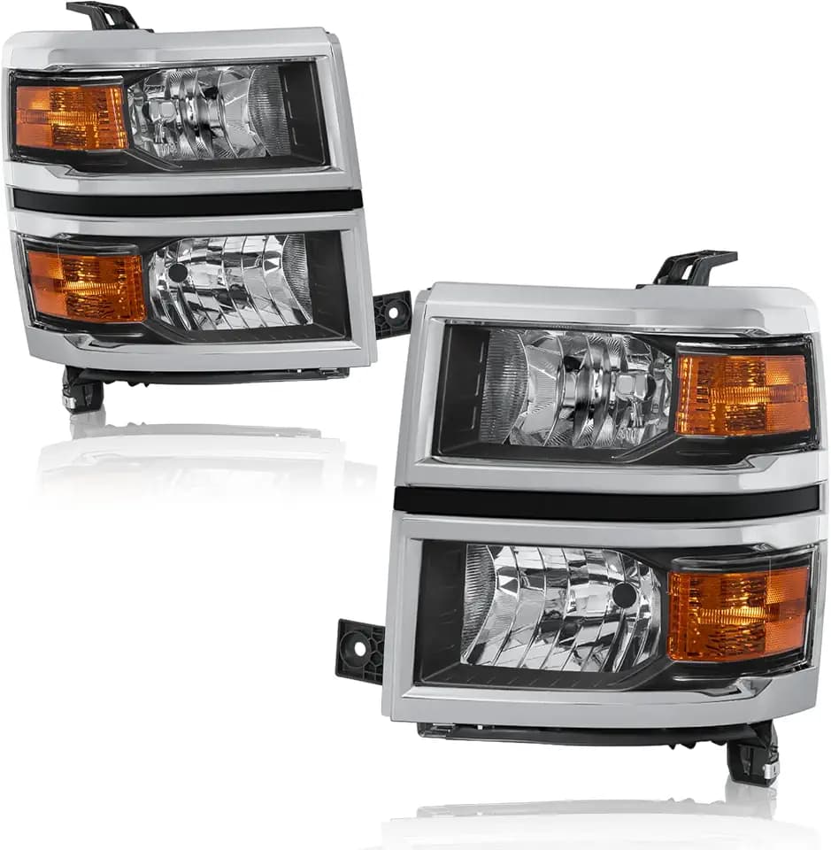 KUIPERAUTO Pair Headlights Assembly Front Lamp Compatible with 2014-2015 Chevrolet Silverado 1500 Driver and Passenger Side Chrome/Clear/Amber