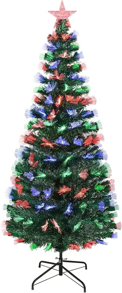 Künstlicher Weihnachtsbaum Glasfaser 180 cm, Uten Tannenbaum mit Beleuchtung, 220 PVC-Spitze, 3-farbigen LED-Lichtern, 8 Modi, Metallständer, Weihnachtsdeko für Innen und Außen