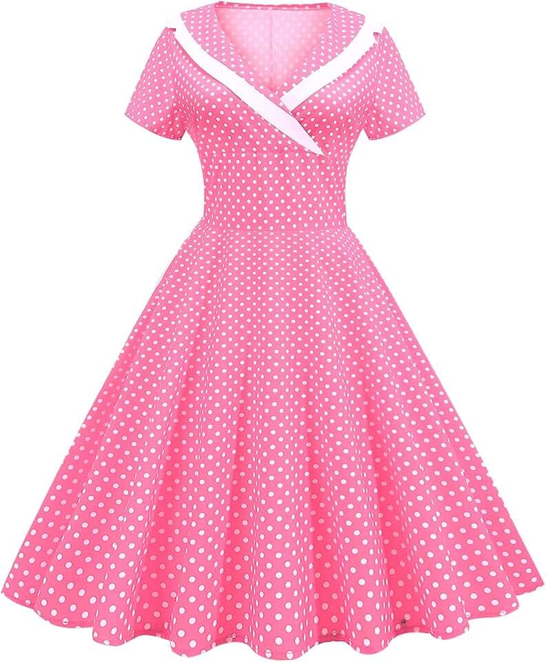 IWEMEK Damen 1950er Vintage Retro Rockabilly Kleid Revers V-Ausschnitt Slim A-Linie 50er 60er Pinup Audrey Hepburn Stil Polka Dot Swing Kleider Sommer Casual Festzug Party Cocktail Abendkleid