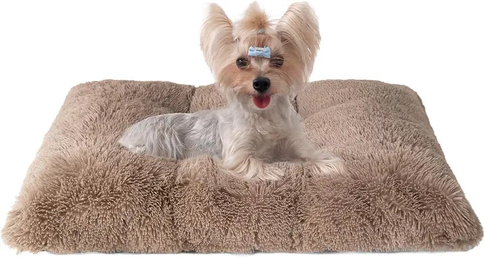 EHEYCIGA Fluffy Dog Crate Bed for Small Dogs, Plush Crate Pad, Camel
