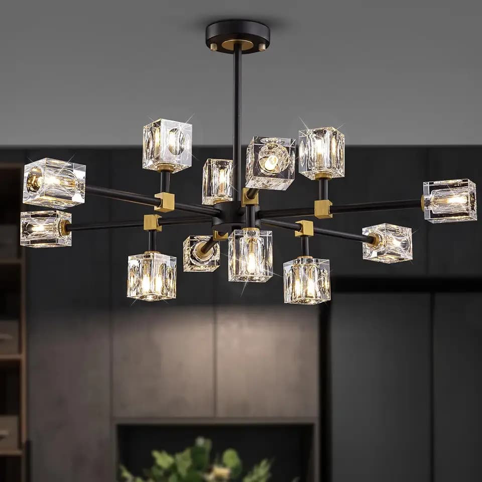 12-Light Black and Gold Crystal Sputnik Chandelier,Adjustable Height Semi Flush Mount Ceiling Light for Dining Room, Kitchen Island, Living Room