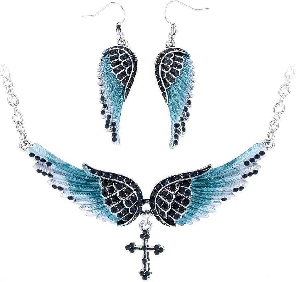 Szxc Jewelry Women's Crystal Guardian Angel Wings Cross Choker Pendant Necklaces 18"+2"