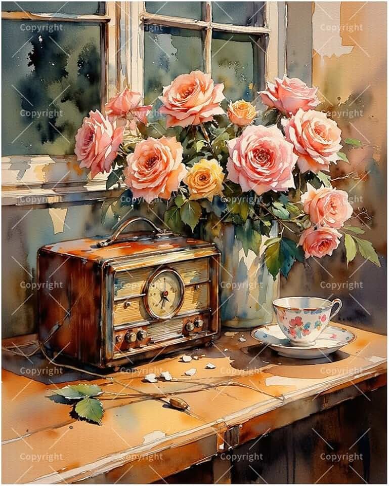 TAOPAOLAB Peace Life Paint by Numbers Kit for Adults - DIY Roses and Vintage Radio Scene Painting on Canvas 12x16In, Framed Acrylic Paint Set, Suitable for Beginners, Art for Home Decoration or Gifts
