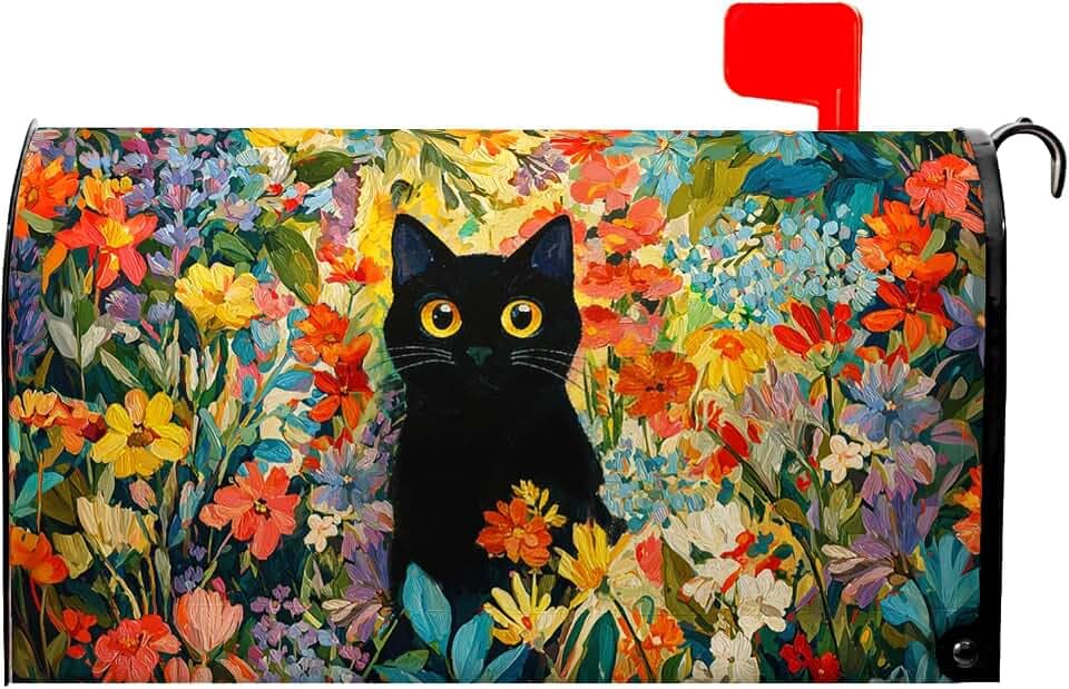Spring Summer Colorful Floral Black Cat Mailbox Covers Magnetic Standard Size 21 x 18 Inch Abstract Funny Oil Painting Wildflower Mailbox Wraps Post Letter Box Cover for Garden Yard Decor