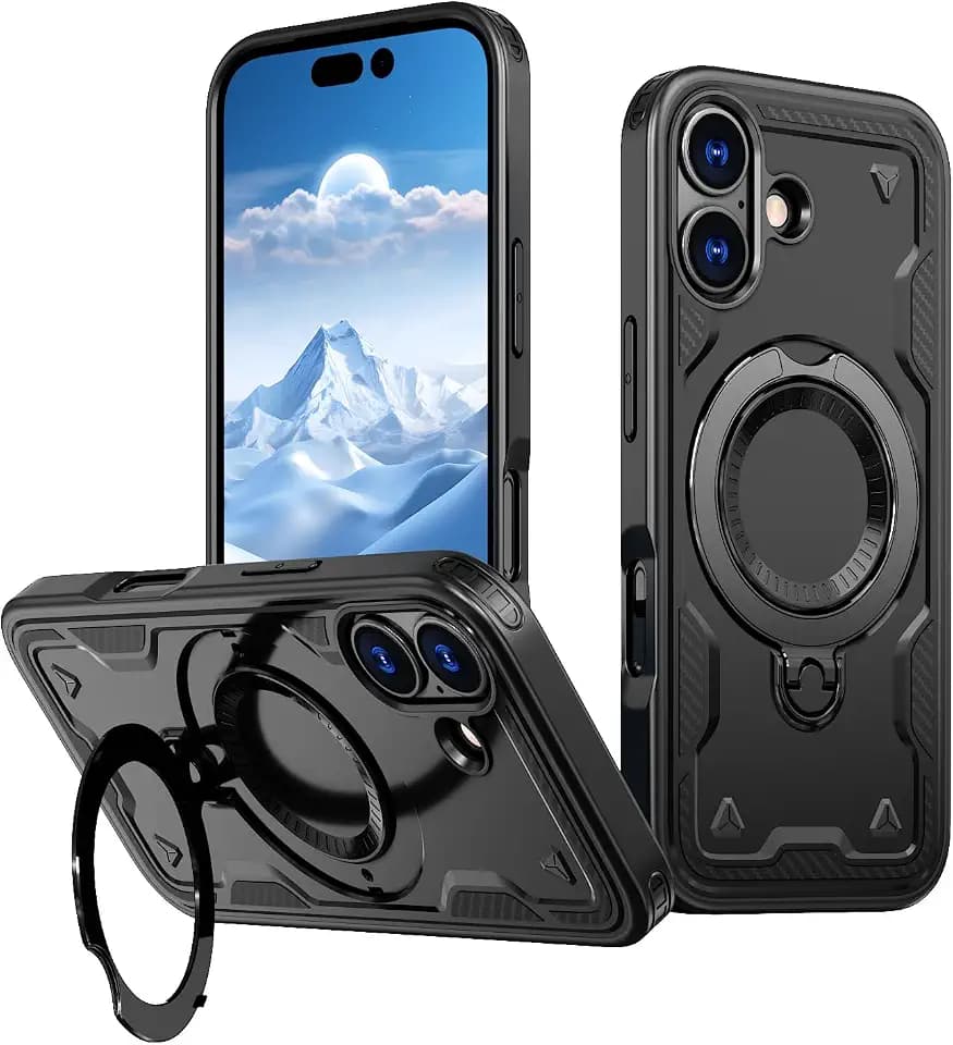 for iPhone 17 Case with 360°Spin Invisible Magnetic Stand,Support Wireless Charging,Hybrid 2 in 1 Protective Slim Fit Shockproof Heavy Duty Protection Phone Cover for iPhone 17 6.3 Inch,Black