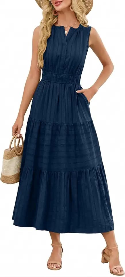 Funlingo Summer Maxi Dresses for Women Casual Sleeveless V Neck Midi Dress