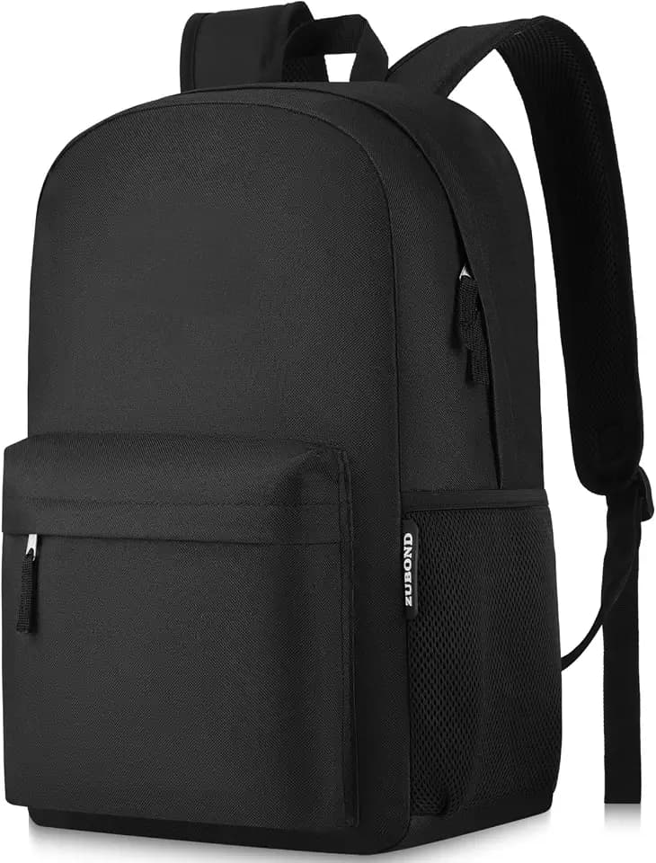 ZUBOND Unisex Black Backpack for School & Travel - Lightweight Laptop Backpack Fits 15.6 Inch Notebook, Water Bottle Pocket - Ideal for Teens, College Students, Adults