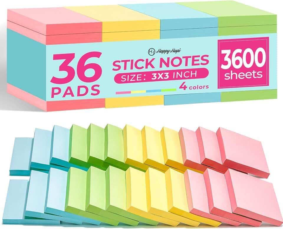 Sticky Notes 3x3 in, 36 Pads, 3600 Sheets, 100 Sheets/Pad, 4 Bright Color