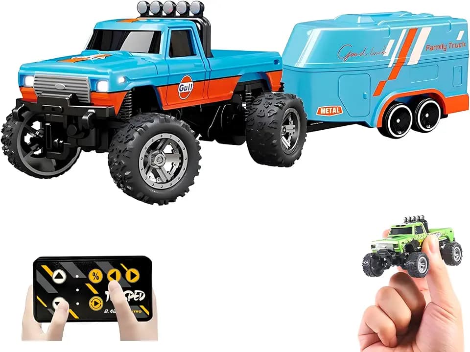1:64 Mini RC Monster Truck with LED Lights | 2.4GHz Off-Road Remote Control Car | 3 Speed Adjustable, USB Rechargeable Alloy RC Truck for Kids & Adults Indoor/Outdoor Racing (Orange Blue)