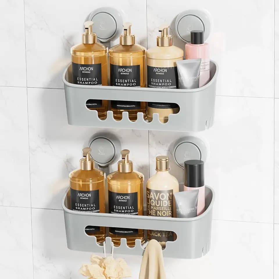 LEVERLOC Duschablage Saugnapf 2 Stück ohne Bohren Duschorganizer Duschregal Saugnäpfe Duschgel Halterung Abnehmbar Belastbarkeit 10 KG Wasserdicht Badregal mit Saugnapf für Shampoo und Duschgel, Grau