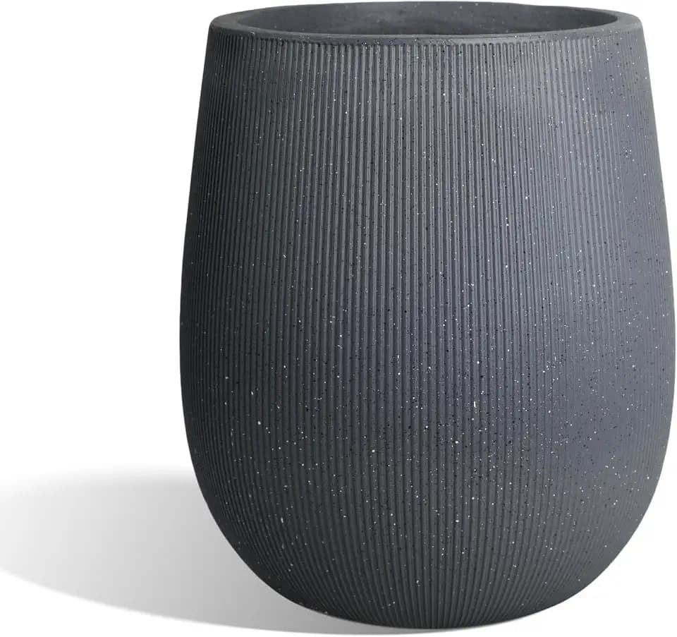 Worth Garden Dark Gray Round Planter, 9" Dia x 13" H Lightweight Magnesium Oxide Cement Plant Pot with a Striped Textured Finish, Raised Pattern Concrete Look, Drainage Hole, Indoor & Outdoor Use