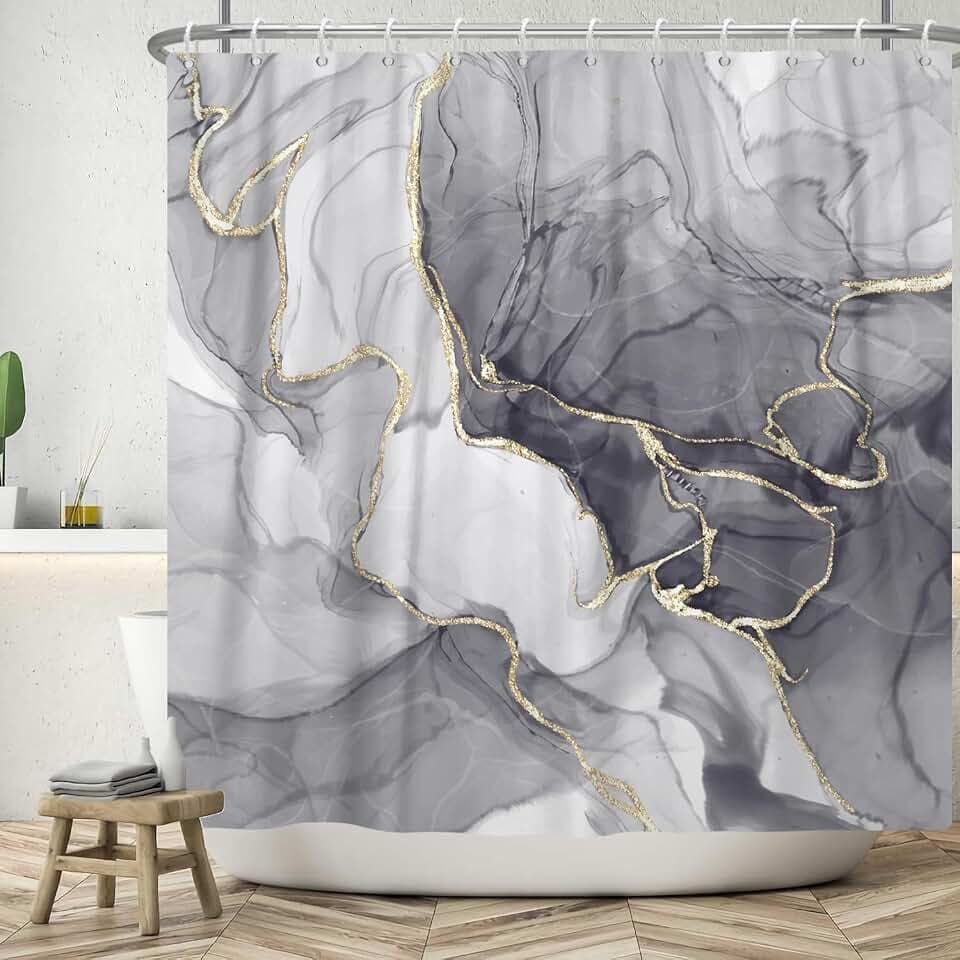 Marmor Duschvorhang 240x180 cm, Modern Abstrakt Grau Gold Weiß Marmor Optik Textur Waschbar Bad Duschvorhänge Polyester Textil Wasserdicht Duschvorhang für Badewanne mit 12 Haken