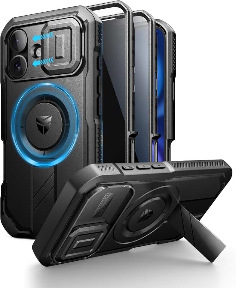 Dexnor Kompatibel mit iPhone 16 Hülle mit Schiebekamera Abdeckung & Verstellbarem Kickstand & Privacy Screen Protector, Robuste Stoßfänger Hülle Heavy-Duty Mangetic Schutzhülle - Schwarz