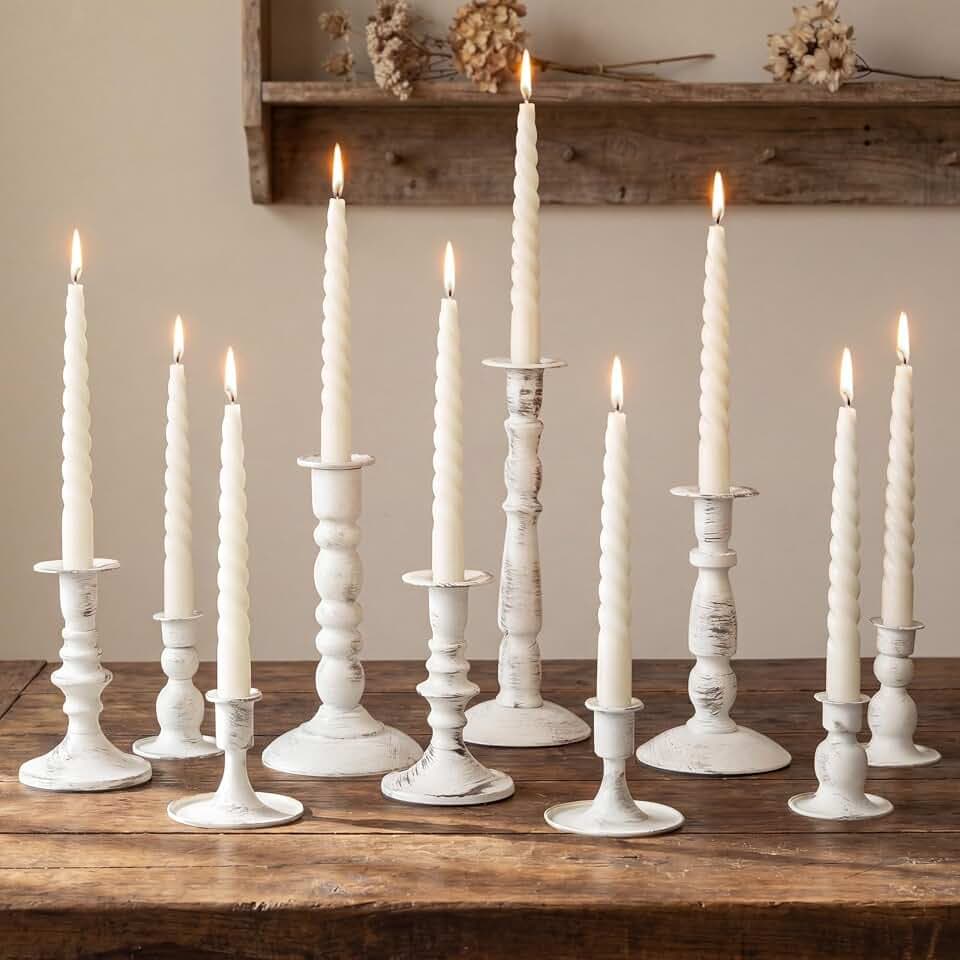 Mumufy Matte Candlestick Holders, Metal Wedding Taper Candle Holders Vintage Candles Stand Set, Candle Stick Decor for Mantel Table Centerpiece Wedding Dining Table Decor Mantelpiece(White,10 Pcs)