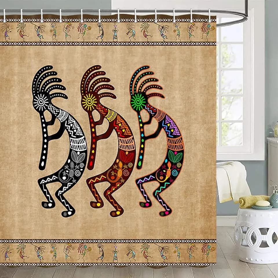 JAWO Southwest Shower Curtain, Geometric Stripes Boho Farmhouse Shower Curtains for Bathroom, Southwest Native American Tribal Shower Curtain with Hooks, 72X72inch, Brown