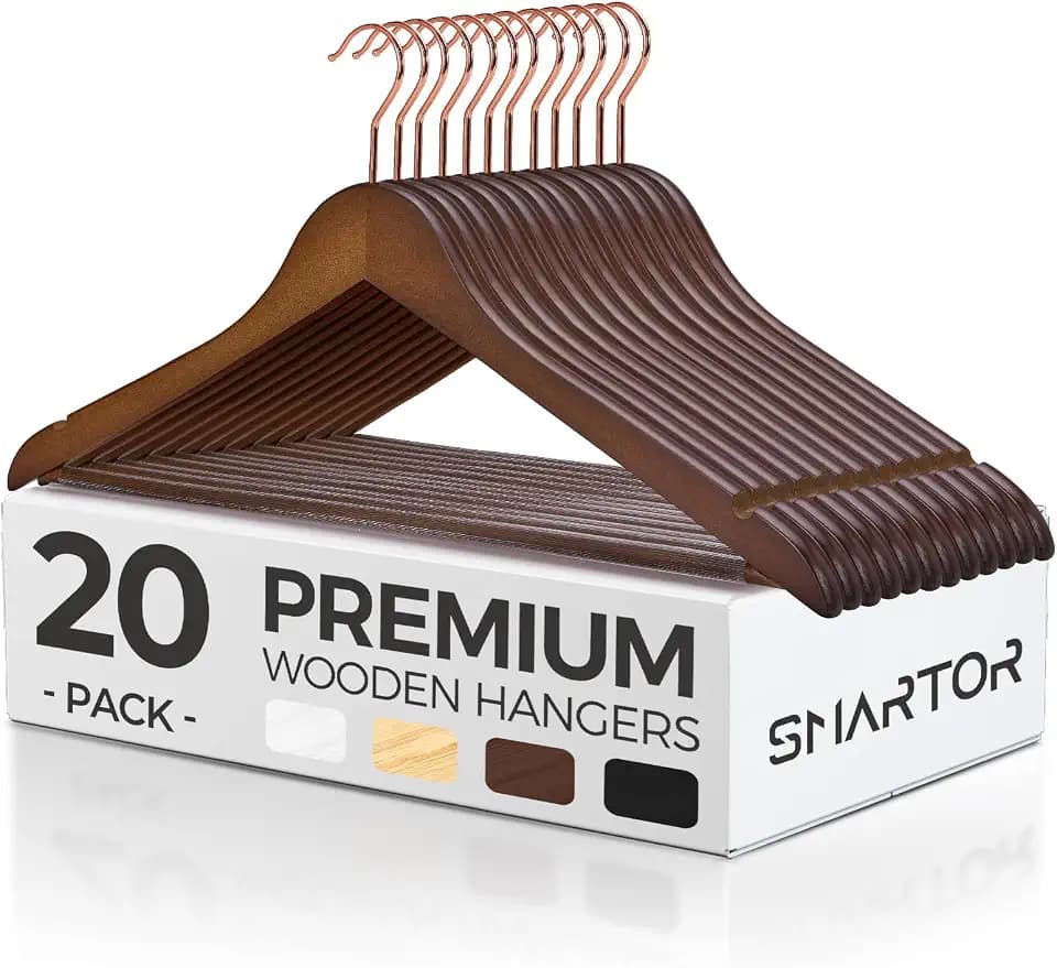 Smarter Walnut Wooden Hangers 20 Pack, Solid Wood Coat Hangers for Closet