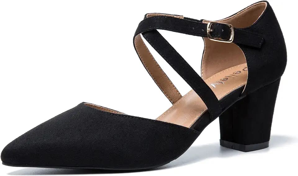 Women's Pointed Toe Pumps, Cross-Strap, Block Heel Dress Shoes