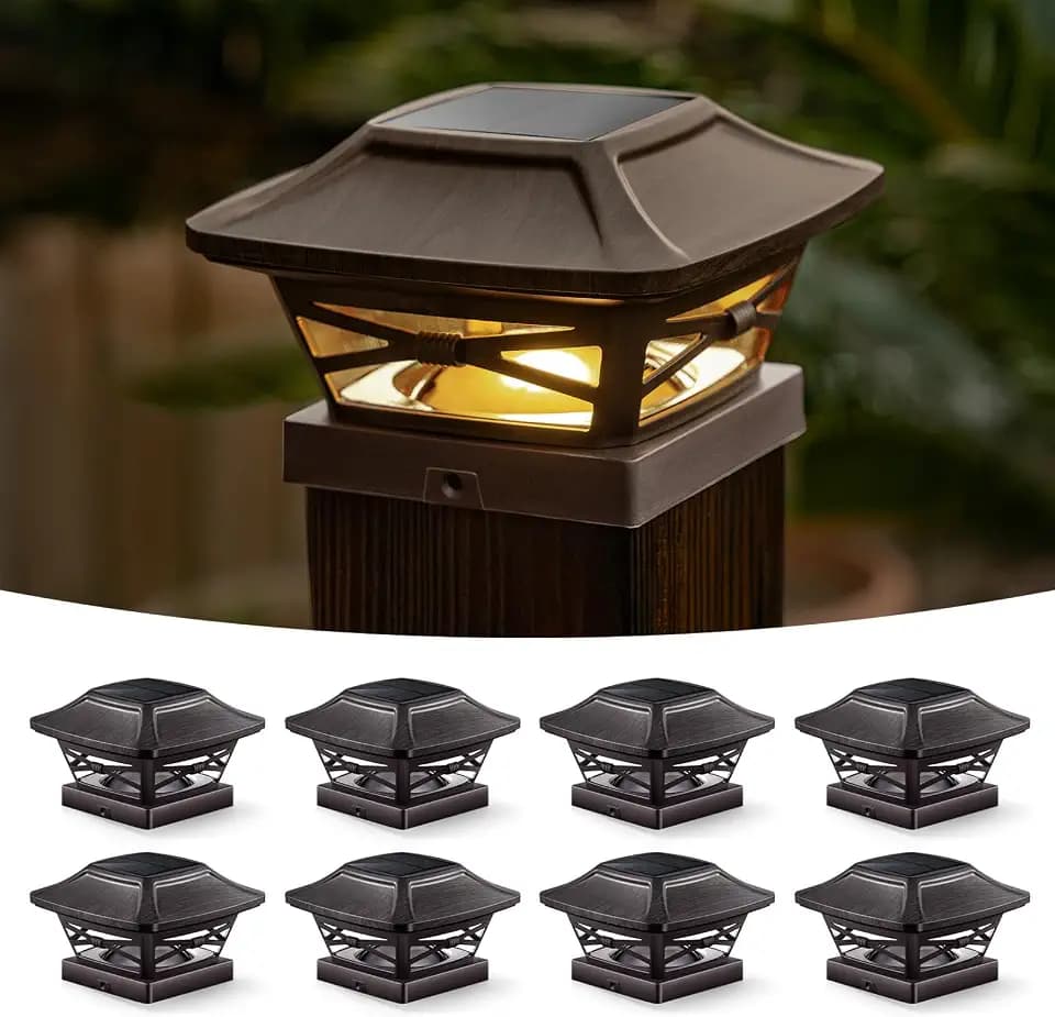 Wood Grain Solar Post Cap Lights, Dual-Core LED Fence Lights with Craftsman Design, 8 Pack Waterproof Outdoor Caps for 4x4 Wooden/Vinyl Post (Brown)