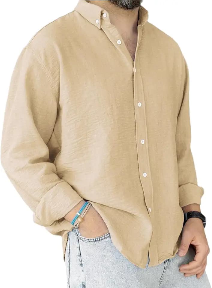 Men's Loose Fitting Cotton Button Down Shirt, Simple and Versatile Solid Color Quick Dry Collared Long-Sleeved Shirt