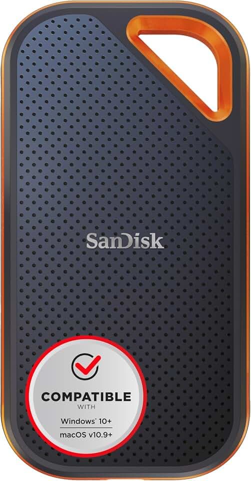 SanDisk Extreme PRO Portable SSD 2 TB (externe SSD, NVMe-SSD-Performance, 2,5 Zoll, 2.000 MB/s Lesen und Schreiben, AES-Verschlüsselung, IP65-Wasser- und -Staubschutz) grau